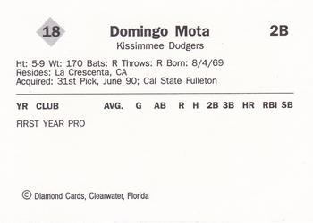 1990 Diamond Cards Kissimmee Dodgers #18 Domingo Mota Back