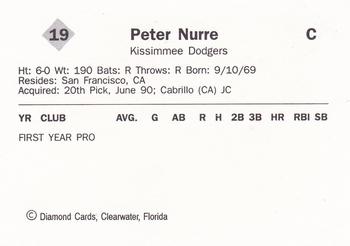 1990 Diamond Cards Kissimmee Dodgers #19 Peter Nurre Back