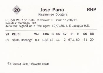 1990 Diamond Cards Kissimmee Dodgers #20 Jose Parra Back