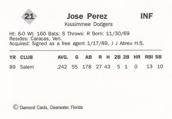 1990 Diamond Cards Kissimmee Dodgers #21 Jose Perez Back