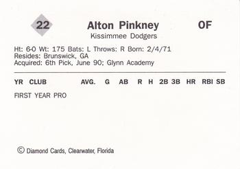 1990 Diamond Cards Kissimmee Dodgers #22 Alton Pinkney Back