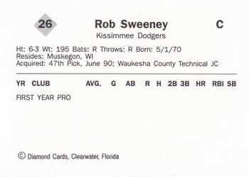 1990 Diamond Cards Kissimmee Dodgers #26 Rob Sweeney Back