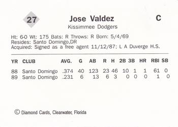 1990 Diamond Cards Kissimmee Dodgers #27 Jose Valdez Back