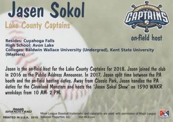 2018 Grandstand Lake County Captains #NNO Jasen Sokol Back