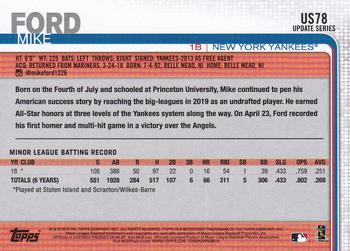 2019 Topps Update #US78 Mike Ford Back