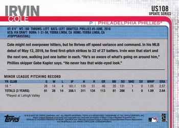 2019 Topps Update #US108 Cole Irvin Back