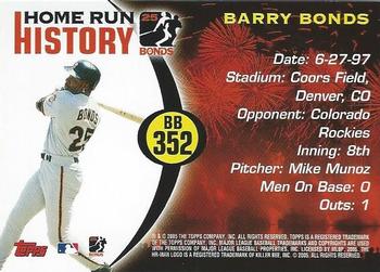 2005 Topps Updates & Highlights - Barry Bonds Home Run History #BB 352 Barry Bonds Back