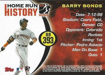 2005 Topps Updates & Highlights - Barry Bonds Home Run History #BB 393 Barry Bonds Back