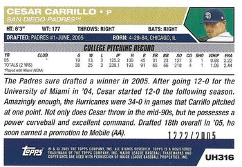 2005 Topps Updates & Highlights - Gold #UH316 Cesar Carrillo Back