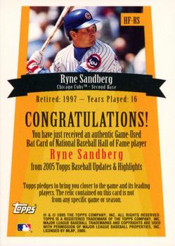 2005 Topps Updates & Highlights - Hall of Fame Bat Relics #HF-RS Ryne Sandberg Back
