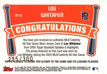 2005 Topps Updates & Highlights - Legendary Sacks Relics #LSR-LW Lou Whitaker Back