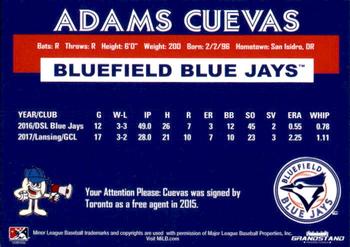 2018 Grandstand Bluefield Blue Jays #NNO Adams Cuevas Back