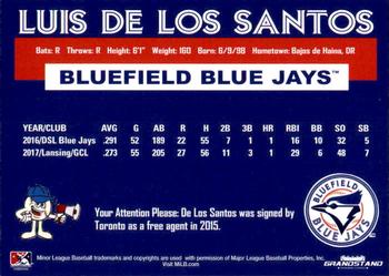 2018 Grandstand Bluefield Blue Jays #NNO Luis De Los Santos Back