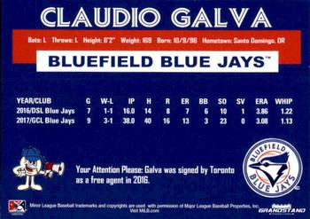 2018 Grandstand Bluefield Blue Jays #NNO Claudio Galva Back