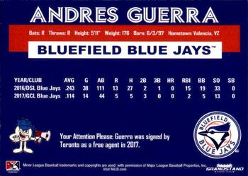 2018 Grandstand Bluefield Blue Jays #NNO Andres Guerra Back