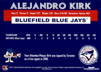 2018 Grandstand Bluefield Blue Jays #NNO Alejandro Kirk Back