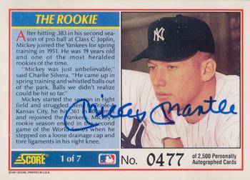 1991 Score - Mickey Mantle Autographed #1 The Rookie Back