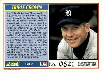 1991 Score - Mickey Mantle Autographed #2 Triple Crown Back