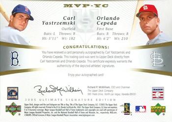 2005 UD Ultimate Signature Edition - MVPs Dual Autograph #MVP-YC Carl Yastrzemski / Orlando Cepeda Back