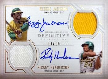2019 Topps Definitive Collection - Dual Autograph Relic Collection #DAR-JH Reggie Jackson / Rickey Henderson Front