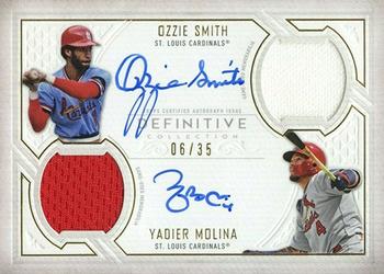 2019 Topps Definitive Collection - Dual Autograph Relic Collection #DAR-OM Yadier Molina / Ozzie Smith Front