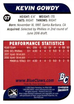 2019 Choice Lakewood BlueClaws #7 Kevin Gowdy Back