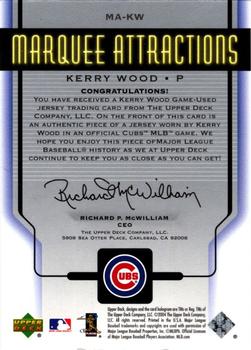 2005 Upper Deck - Marquee Attractions #MA-KW Kerry Wood Back