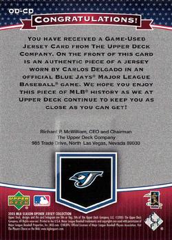 2005 Upper Deck - MLB Game-Worn Jersey Collection #OD-CD Carlos Delgado Back