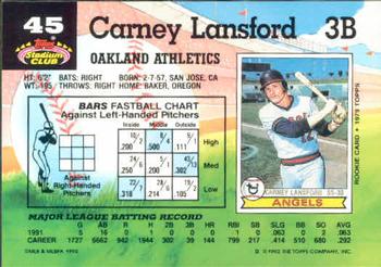 1992 Stadium Club #45 Carney Lansford Back