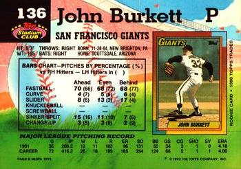 1992 Stadium Club #136 John Burkett Back