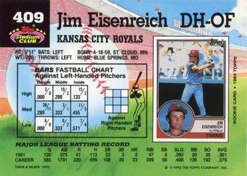 1992 Stadium Club #409 Jim Eisenreich Back