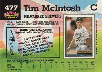 1992 Stadium Club #477 Tim McIntosh Back