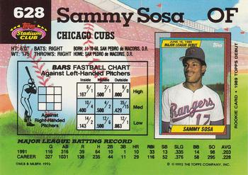 1992 Stadium Club #628 Sammy Sosa Back