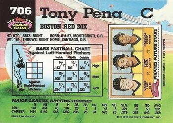 1992 Stadium Club #706 Tony Pena Back