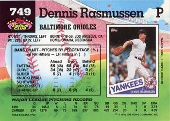 1992 Stadium Club #749 Dennis Rasmussen Back
