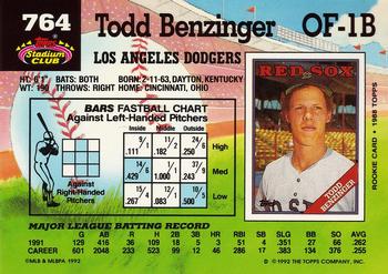 1992 Stadium Club #764 Todd Benzinger Back