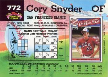 1992 Stadium Club #772 Cory Snyder Back