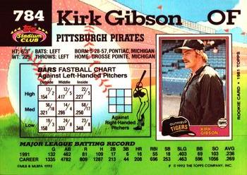 1992 Stadium Club #784 Kirk Gibson Back