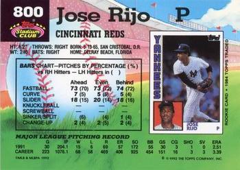 1992 Stadium Club #800 Jose Rijo Back