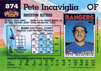 1992 Stadium Club #874 Pete Incaviglia Back