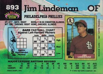 1992 Stadium Club #893 Jim Lindeman Back