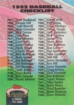 1992 Stadium Club #899 Checklist: 701-800 Front