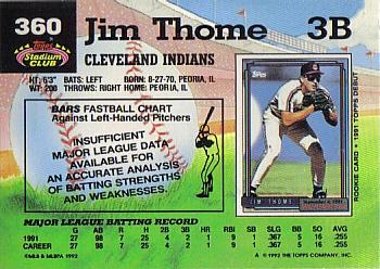 1992 Stadium Club #360 Jim Thome Back