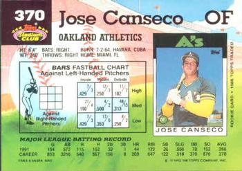 1992 Stadium Club #370 Jose Canseco Back