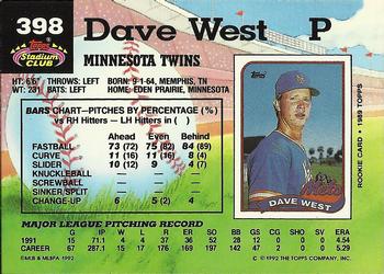 1992 Stadium Club #398 Dave West Back