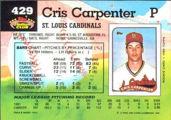 1992 Stadium Club #429 Cris Carpenter Back