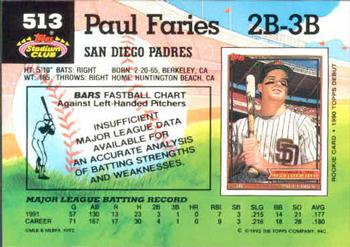 1992 Stadium Club #513 Paul Faries Back