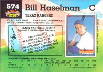 1992 Stadium Club #574 Bill Haselman Back