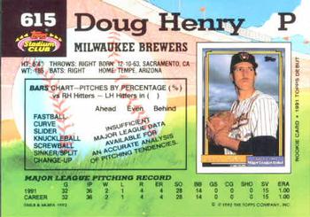 1992 Stadium Club #615 Doug Henry Back