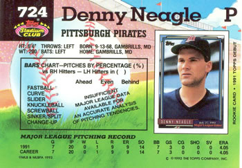 1992 Stadium Club #724 Denny Neagle Back